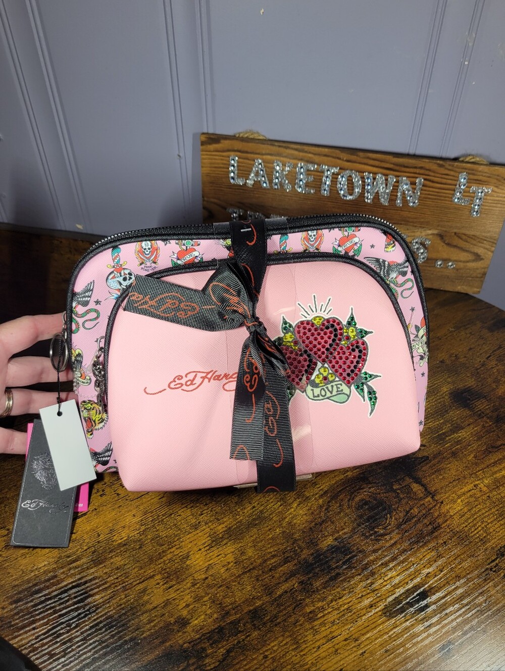 Ed Hardy Pink Heart-Sequin 2 pack Cosmetic Pouch